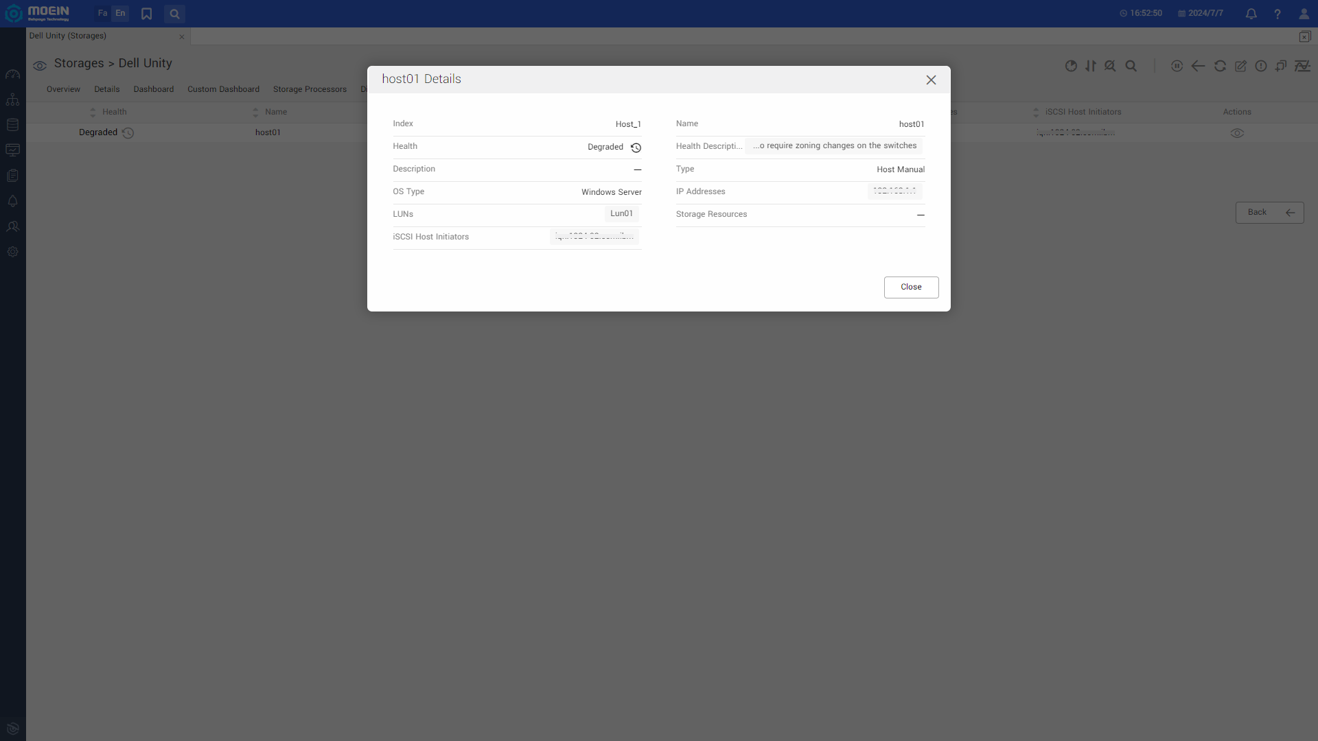Dell Unity host view monitoring 